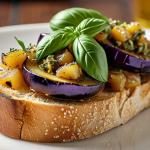 **Eggplant Confit Bruschetta:** Close-up shot of a bruschetta topped with tender, slow-cooked eggplant confit in olive oil. Focus on the texture and vibrant colors. Italian herbs (basil, oregano) as garnish. Golden hour lighting.