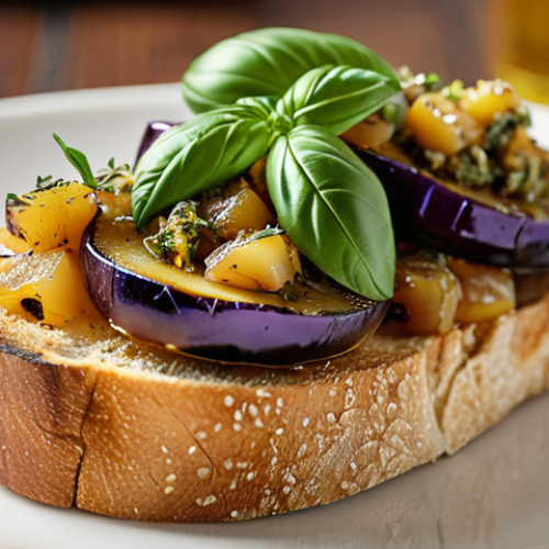 **Eggplant Confit Bruschetta:** Close-up shot of a bruschetta topped with tender, slow-cooked eggplant confit in olive oil. Focus on the texture and vibrant colors. Italian herbs (basil, oregano) as garnish. Golden hour lighting.