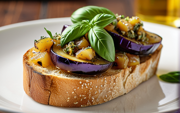 **Eggplant Confit Bruschetta:** Close-up shot of a bruschetta topped with tender, slow-cooked eggplant confit in olive oil. Focus on the texture and vibrant colors. Italian herbs (basil, oregano) as garnish. Golden hour lighting.