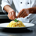 Risotto Innovation**

"A chef, fully clothed in professional kitchen attire, presenting a vibrant plate of lemon and licorice risotto in a brightly lit, modern Italian kitchen. The scene showcases fresh ingredients and a focus on culinary artistry. Safe for work, appropriate content, perfect anatomy, correct proportions, professional, modest, family-friendly.  High quality, delicious looking food, well-formed hands, proper finger count, natural body proportions."

**
