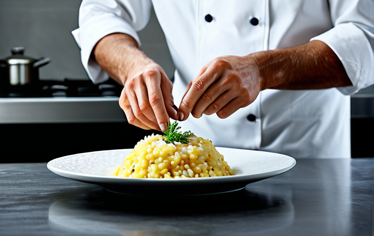 Risotto Innovation**
"A chef, fully clothed in professional kitchen attire, presenting a vibrant plate of lemon and licorice risotto in a brightly lit, modern Italian kitchen. The scene showcases fresh ingredients and a focus on culinary artistry. Safe for work, appropriate content, perfect anatomy, correct proportions, professional, modest, family-friendly. High quality, delicious looking food, well-formed hands, proper finger count, natural body proportions."
**