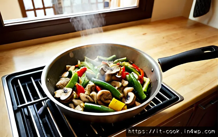 Home 10 다양한 요리 기법 비교 스팀 볶음 구이 - Photorealistic Italian home kitchen scene showing three cooking techniques clearly side by side: a s...